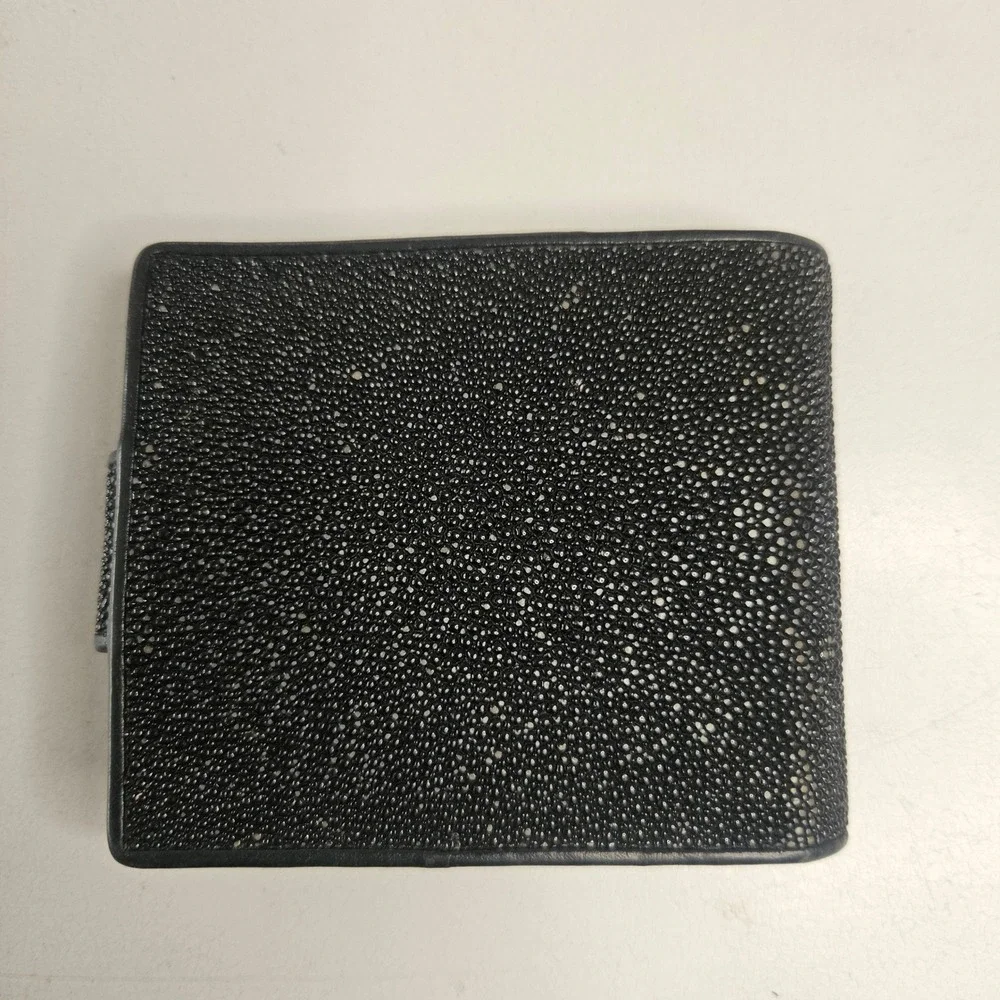 Infinity Genuine Stingray Skin Bifold Wallet Black Exotic Leather Kiss Lock Coin